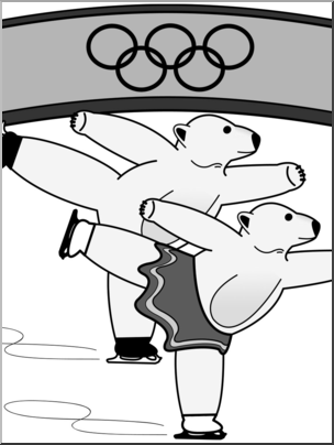 Clip Art: Cartoon Olympics: Polar Bear Figure Skating Grayscale