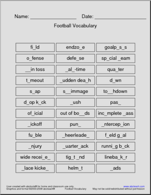 Football Vocabulary Missing Letters