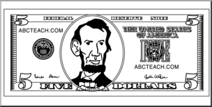 Clip Art: Five Dollar Bill Outline Front B&W