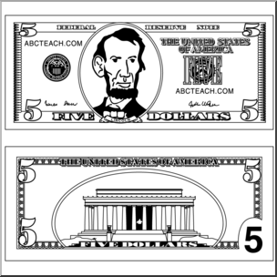Clip Art: Five Dollar Bill Outline B&W