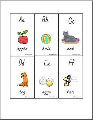 Flashcards: Manuscript Letters Aa to Zz with pictures (DN-Style Font)