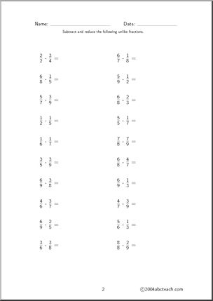 Fraction Subtraction – unlike (set 2) Worksheet