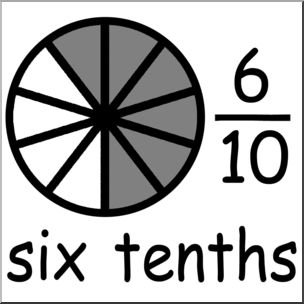 Clip Art: Labeled Fractions: 10 6/10 Six Tenths B&W