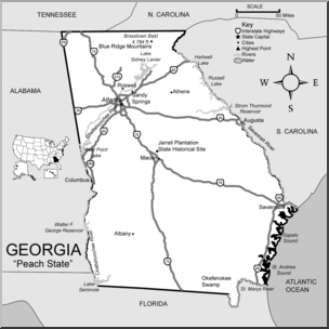 Clip Art: US State Maps: Georgia Grayscale Detailed