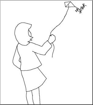 Clip Art: Kids: Kite Flying 2 B&W