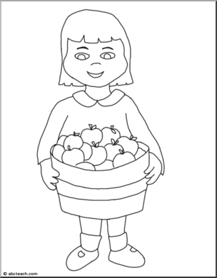 Clip Art: Kids: Girl & Apples B&W