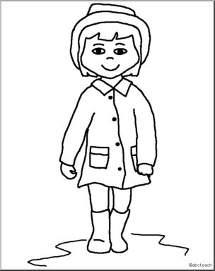 Clip Art: Kids: Girl Wearing Raincoat B&W