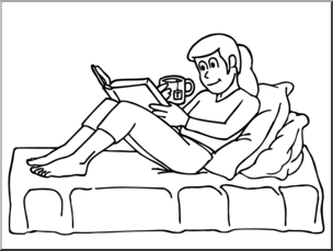 Clip Art: Kids: Girl Reading B&W