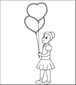 Clip Art: Kids: Girl w/ Valentine Balloons B&W