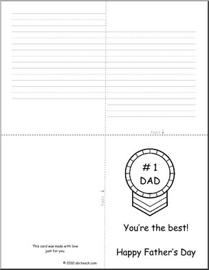 Greeting Card: Happy Father’­s Day  –  # 1 Dad Blue Ribbon  theme  K-1 (B&W Outline)