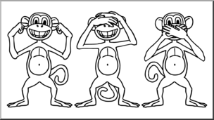 Clip Art: Cartoon Monkeys: Hear No Evil, See No Evil, Speak No Evil B&W