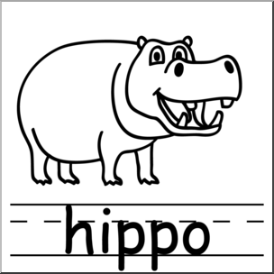 Clip Art: Basic Words: Hippo B&W Labeled