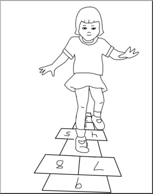 Clip Art: Kids: Girl Playing Hopscotch B&W