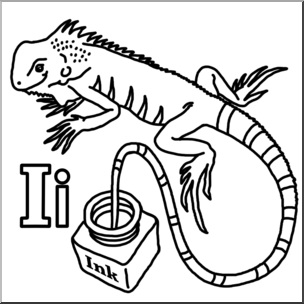Clip Art: Alphabet Animals: I – Iguana Is In the Ink (B&W)