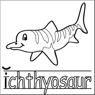 Clip Art: Basic Words: “I” Short Sound Phonics: Ichthyosaur B&W