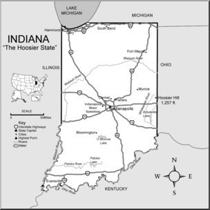 Clip Art: US State Maps: Indiana Grayscale Detailed