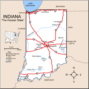 Clip Art: US State Maps: Indiana Color Detailed