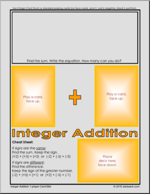 Integer Addition Card Mat (1-player) Math Game