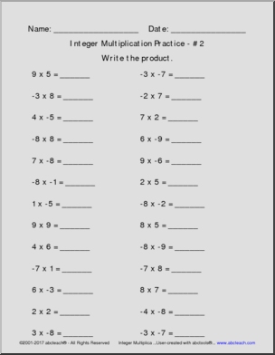 Integer Multiplication Practice Pack (includes negative integers)