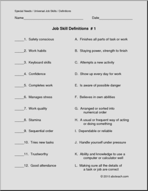 Special Needs: Job Skills Definitions 1 (secondary/adult)