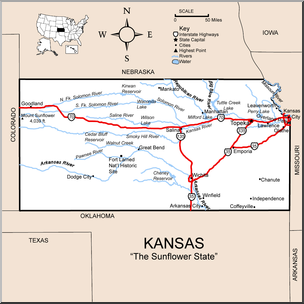 Clip Art: US State Maps: Kansas Color Detailed
