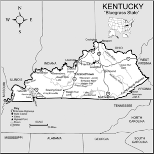 Clip Art: US State Maps: Kentucky Grayscale Detailed