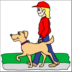 Clip Art: Kids: Chores: Walking the Dog Color