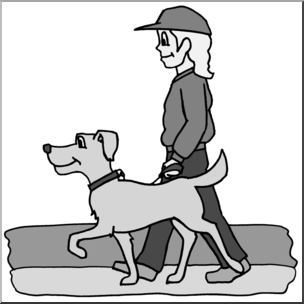 Clip Art: Kids: Chores: Walking the Dog Grayscale