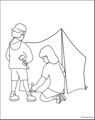 Clip Art: Kids: Putting Up the Tent B&W