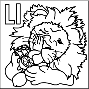 Clip Art: Alphabet Animals: L – Lion Licks a Lemon (B&W)