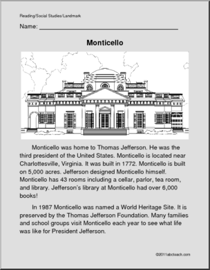 U. S. Landmark – Monticello (primary) Color and Read