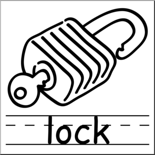 Clip Art: Basic Words: Lock B&W Labeled