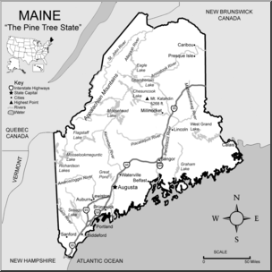 Clip Art: US State Maps: Maine Grayscale Detailed
