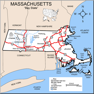 Clip Art: US State Maps: Massachusetts Color Detailed