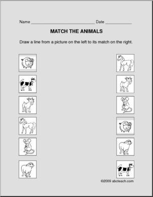 Worksheet: Matching – Animals (prek/primary) -b/w
