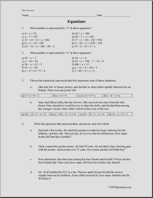 Equations & Word Problems (upper el/middle) Worksheet