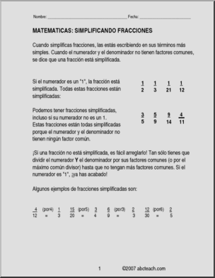 Spanish: MatemÂ·ticas – Fracciones:  ExplicaciÃ›n de simplificaciÃ›n (elementaria/secundaria)