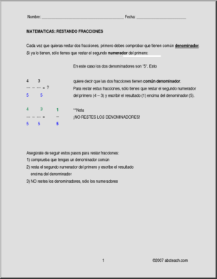 Spanish: MatemÂ·ticas – Fracciones:  ExplicaciÃ›n de SubstracciÃ›n (elementaria/secundaria)
