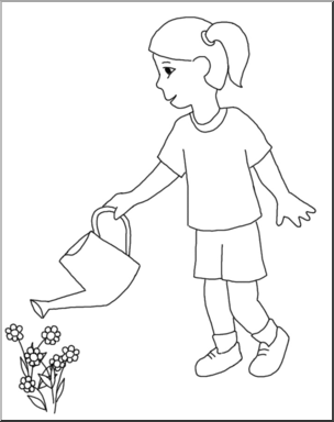 Clip Art: Kids: Girl Watering Flowers B&W