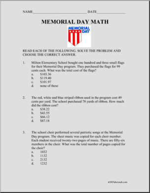 Word Problems: Memorial Day (elementary/upper elementary)