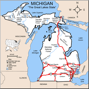 Clip Art: US State Maps: Michigan Color Detailed