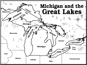 Clip Art: Michigan and the Great Lakes B&W Labeled