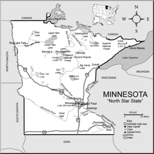 Clip Art: US State Maps: Minnesota Grayscale Detailed