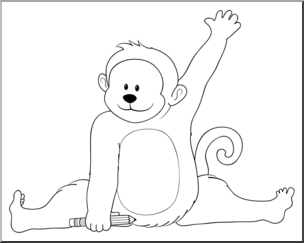 Clip Art: Cartoon Monkey Raising Hand B&W