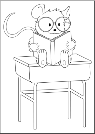 Clip Art: Cartoon Mouse Reading B&W