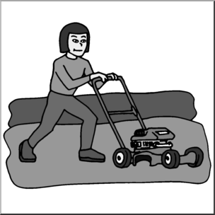 Clip Art: Kids: Chores: Mowing the Lawn Grayscale