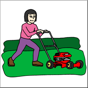 Clip Art: Kids: Chores: Mowing the Lawn Color