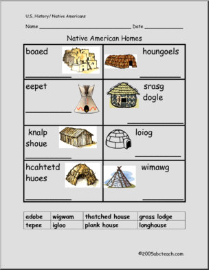 Word Unscramble: Native American Homes (primary/elementary)