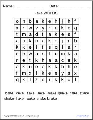 “ake” words’ Word Search