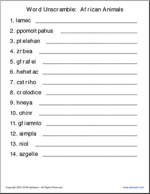 Unscramble the Words: African Animals